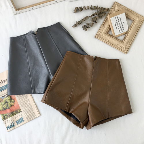 Korean style chic versatile washed high-waist slim PU leather pants for women to wear as outerwear motorcycle shorts