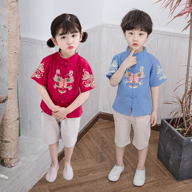 儿童汉服套装男女童棉麻短袖短裤童装中国风唐装古装两件套表演服