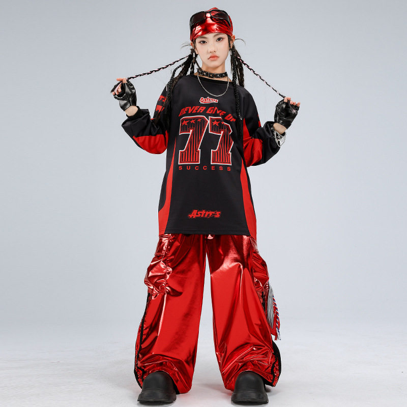 少儿街舞服装嘻哈男童红色亮皮儿童表演服套装女童走秀元旦演出服