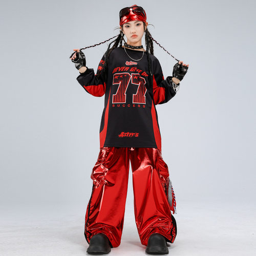 少儿街舞服装嘻哈男童红色亮皮儿童表演服套装女童走秀元旦演出服