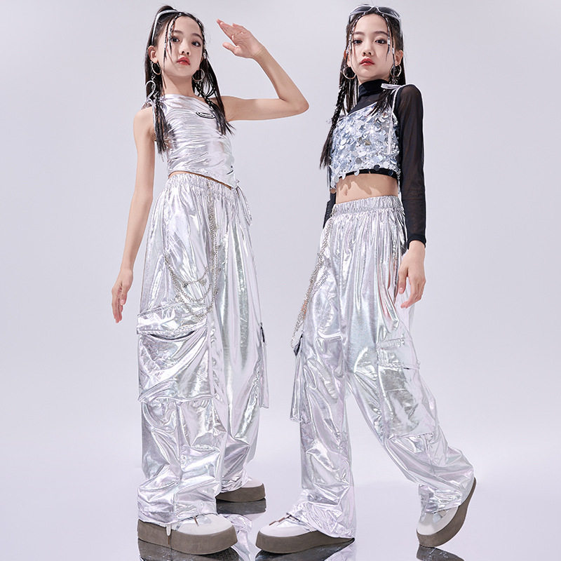 女童爵士舞服装银色亮片潮酷炸街儿童jazz走秀演出服架子鼓表演服