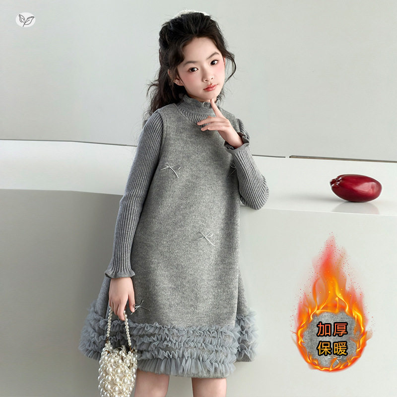 女童加厚背心裙2025年秋冬新款中大童蕾丝花边呢子裙蝴蝶结连衣裙