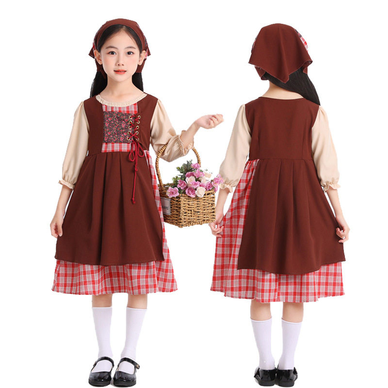 万圣节COS卖火柴的小女孩田园格子连衣裙复古亚麻假两件亲子服装