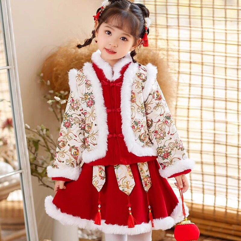 儿童拜年服女童小女孩加绒秋冬款唐装中国风幼儿园元旦喜庆表演服
