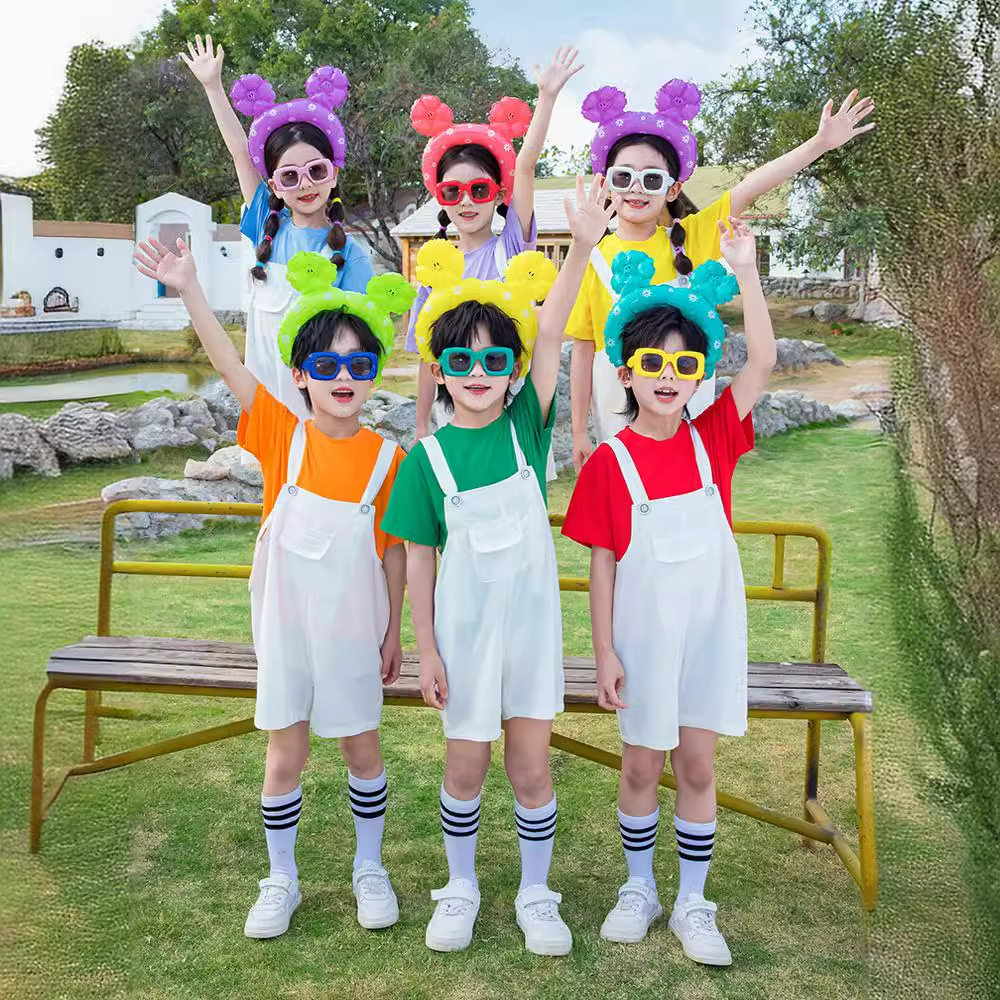 彩色儿童啦啦队演出幼儿园表演服糖果色T恤小学生班服运动会服装