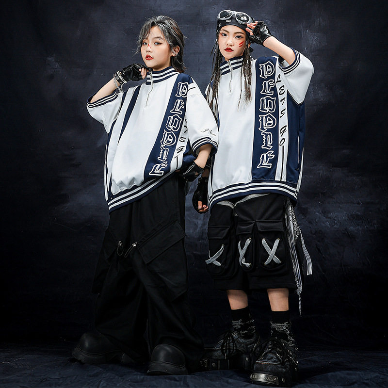街舞儿童潮服嘻哈男童中袖立领舞蹈表演服套装hiphop女童走秀潮装