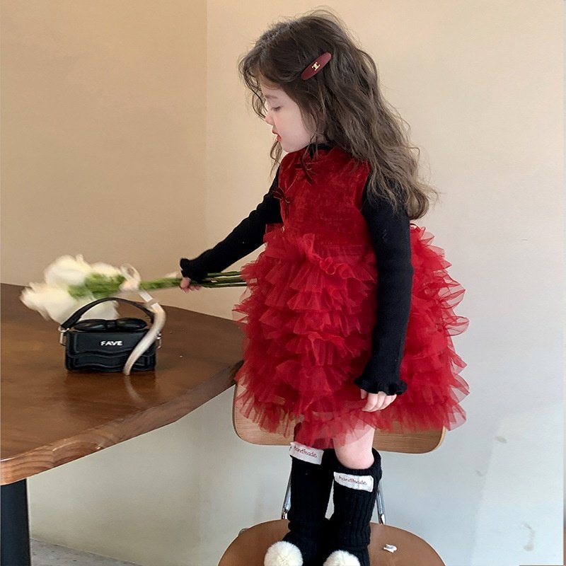 拜年服女童加绒连衣裙秋冬款儿童汉服国风礼服裙宝宝喜庆过年衣服