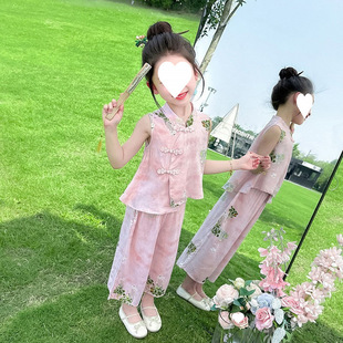 洋氣兒童中式 漢服女童棉綢套裝 夏季 2025新款 兩件套 夏裝