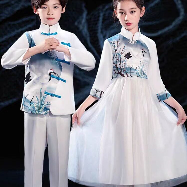 中国风仿古汉服儿童合唱服学生礼服长袖公主裙诗歌朗诵语言表演