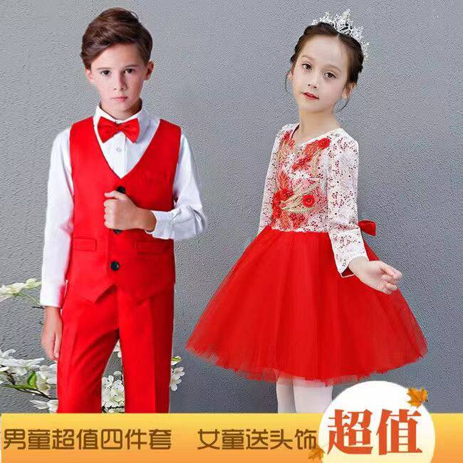 元旦儿童大合唱演出服男女亮片喜庆礼服公主裙蓬纱裙中国风表演服