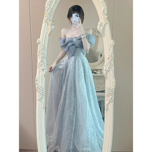 實拍一字肩晚禮服女宴會氣質輕奢小眾主持人藝考成人禮蓬蓬紗裙