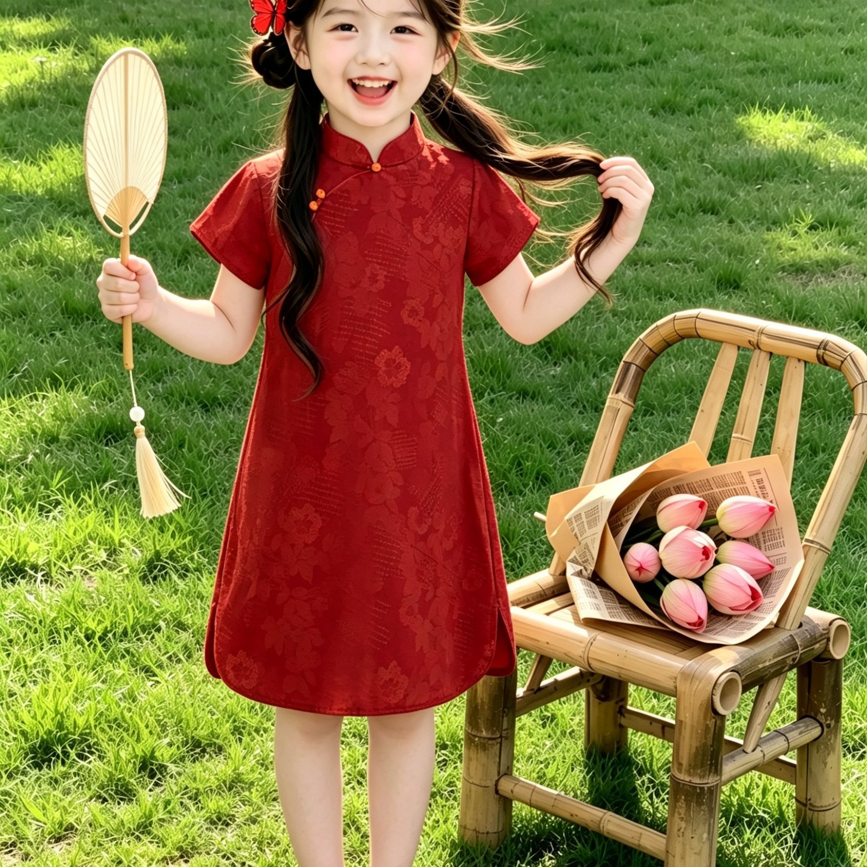 新中式立领盘扣红色连衣裙女大童汉服旗袍裙夏款中国风儿童表演服