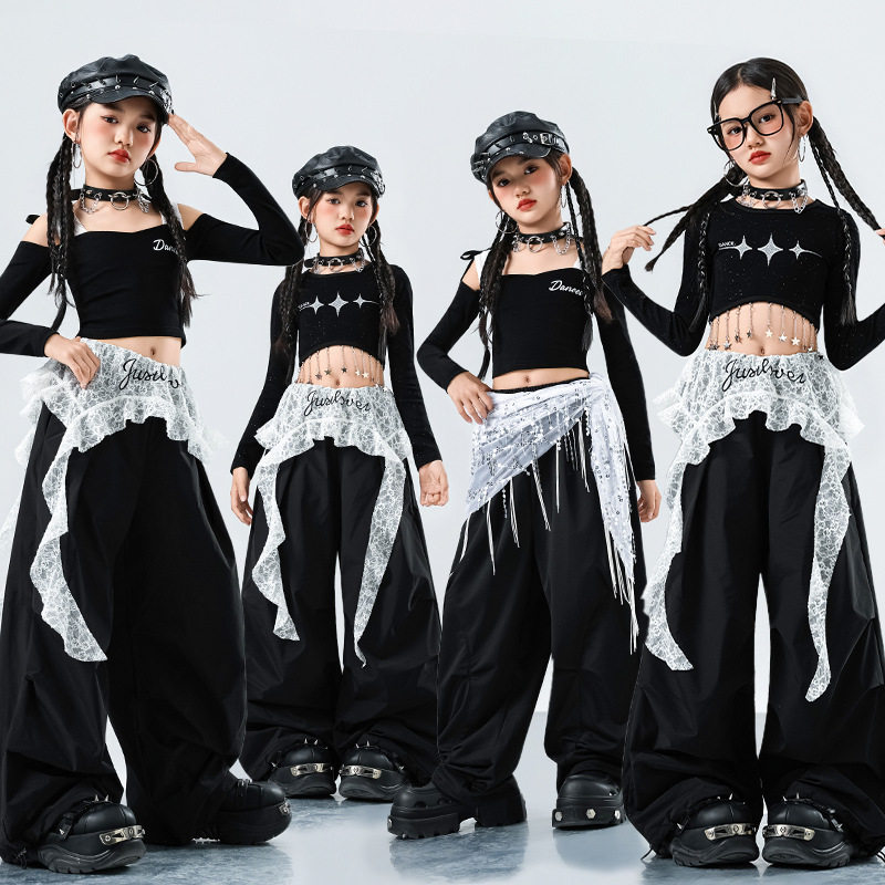 女童街舞套装嘻哈表演服潮流露脐上衣工装裤儿童爵士舞演出服装女