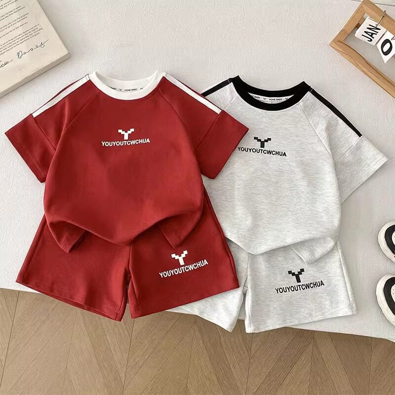 儿童夏季运动服套装韩版中大童男孩表演服女童短袖短裤两件套夏装