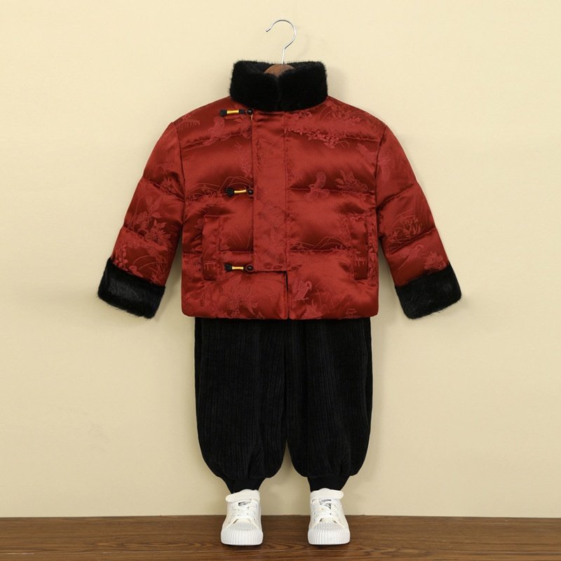 男童汉服冬季加绒加厚唐装中国风宝宝过年服抓周礼服两件套拜年服