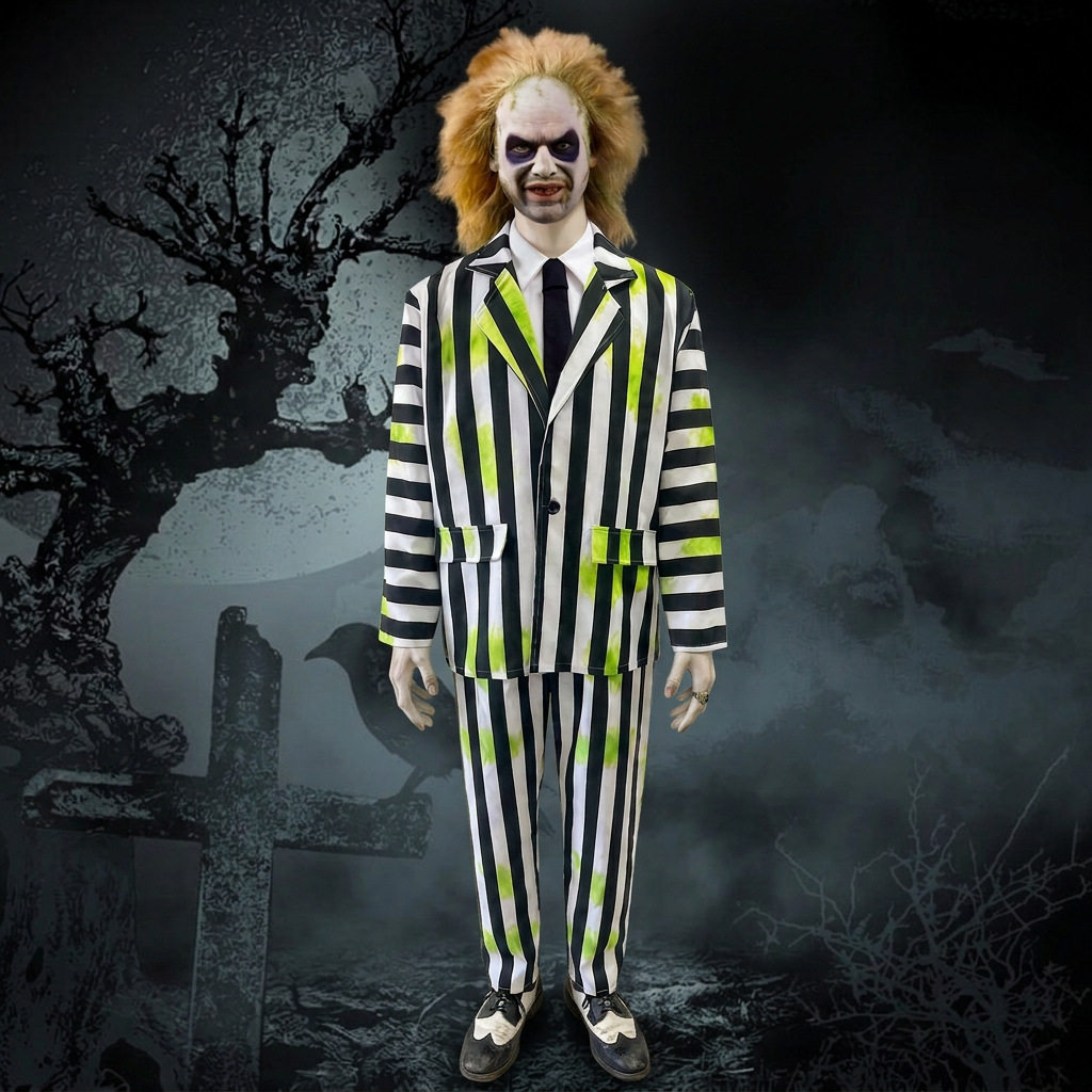 万圣节COS服装Beetlejuice阴间大法师电影角色扮演条纹西装红裙子