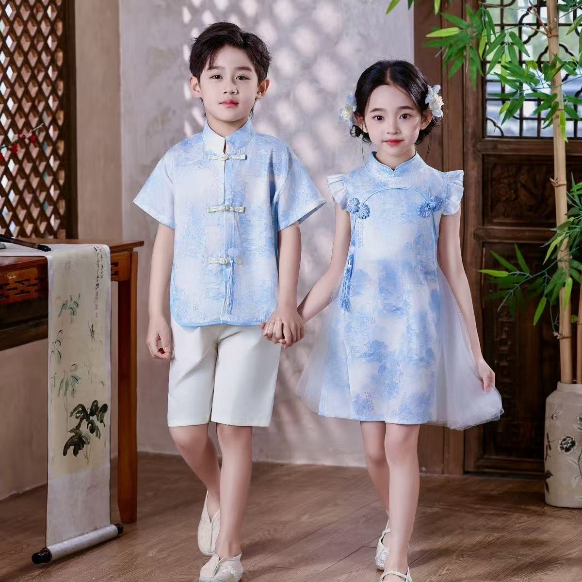 厂家男童唐装小孩夏季中国风古装汉服女学生六一节儿童国学表演服