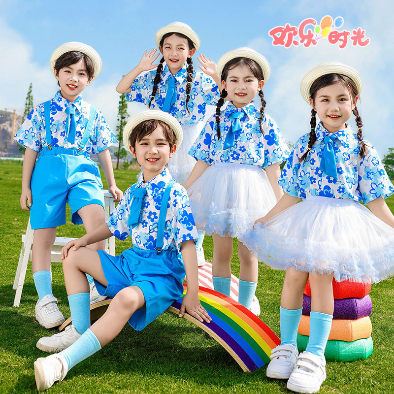 六一儿童表演服装幼儿园蓝色衬衫蓬蓬裙背带裤舞蹈服啦啦队演出服