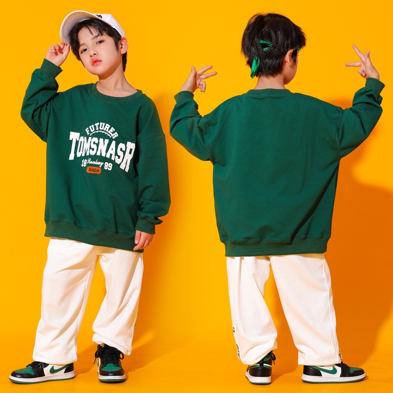 街舞儿童潮服酷帅绿色印花卫衣白色长裤套装小学生秋季运动会男生