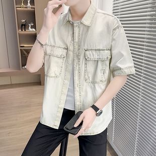 男裝 短袖 襯衣潮流帥氣韓版 休閑寬松薄款 襯衫 男水洗牛仔2024夏季