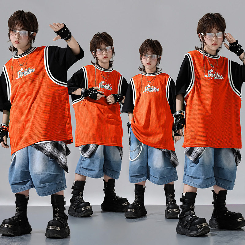 儿童街舞演出服潮服套装hiphop嘻哈说唱表演服酷帅假两件爵士服装