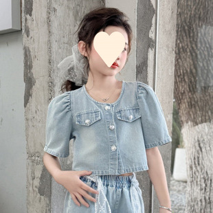 中大童洋氣短袖 女童夏裝 牛仔套裝 2025兒童新款 兩件套 時髦闊腿褲