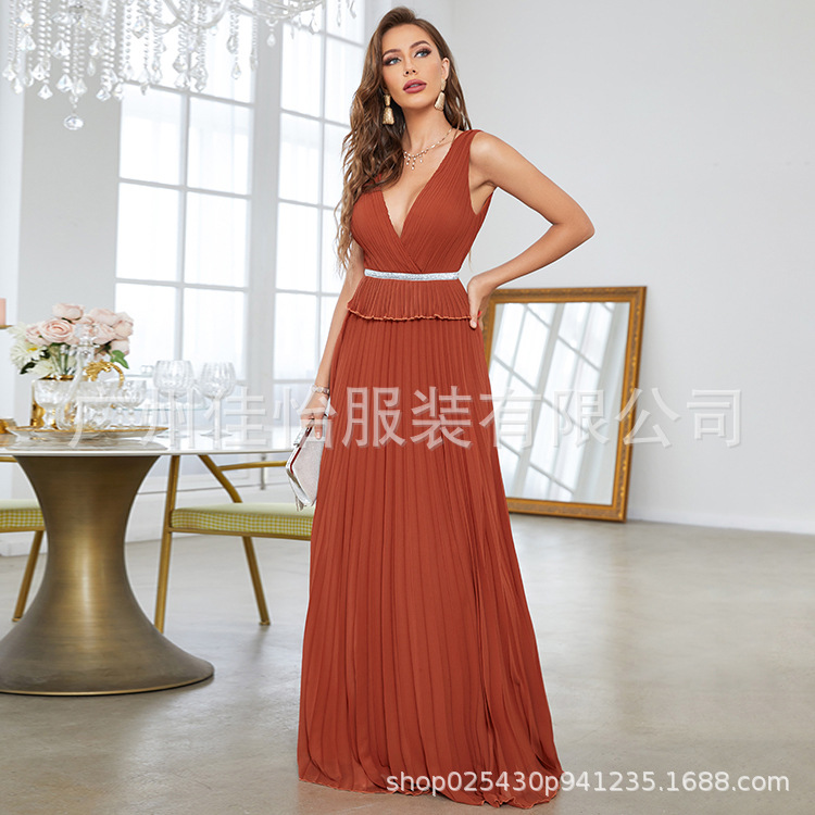 欧美风晚礼服性感露背V领优雅连衣裙无袖女士纯色气质褶皱雪纺春