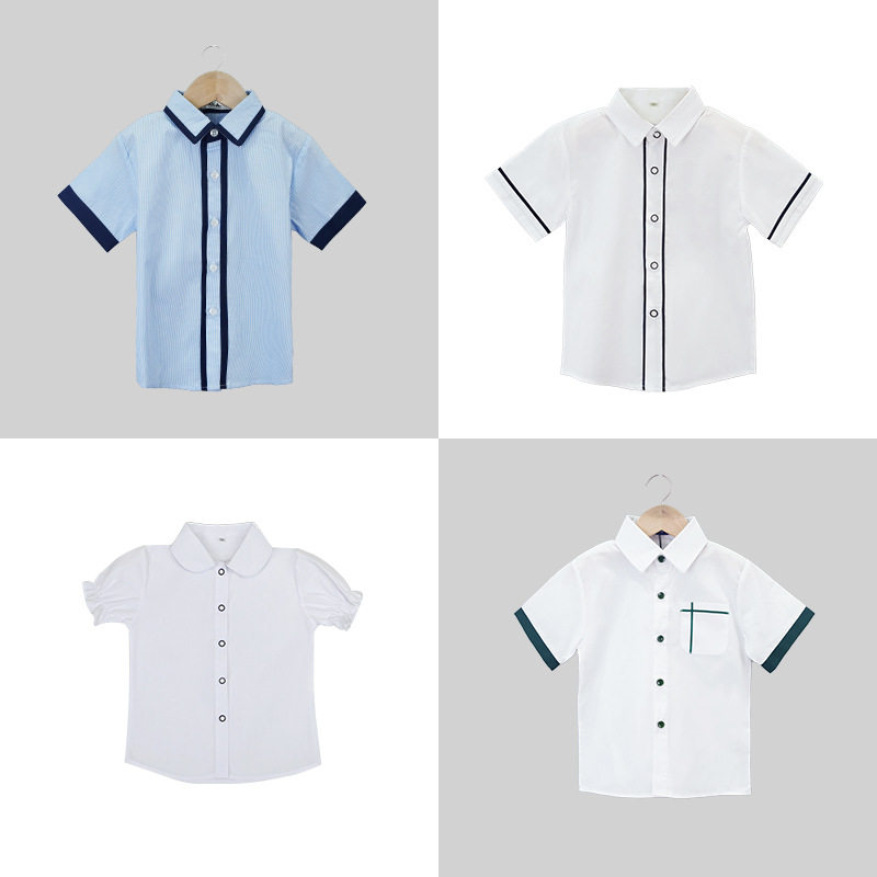 儿童白衬衫男童短袖蓝色夏季小学生校服T恤女童白色衬衣表演出服