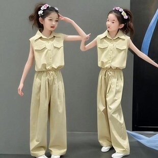 無袖 女童夏季 闊腿兩件套 簡約工裝 兒童洋氣休閑時尚 套裝 2025新款