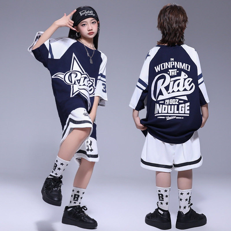 儿童街舞套装男女童美式酷帅短袖hiphop潮服中大童架子鼓表演服夏
