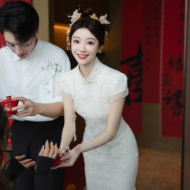 新中式旗袍女2025新款白色订婚礼服小个子气质高端新娘结婚敬酒