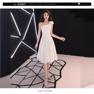 白色單肩晚禮服女小個子氣質(zhì)高端輕奢小眾法式 連衣裙平時 洋裝