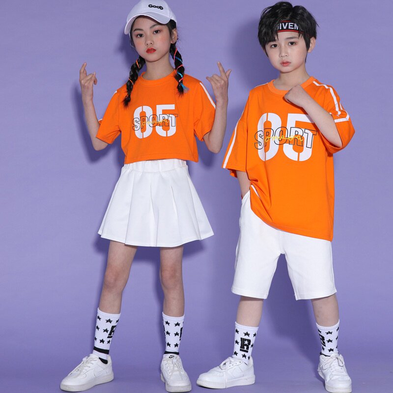 儿童啦啦队演出服小学生六一表演服男童运动会拉拉操女童桔色短袖