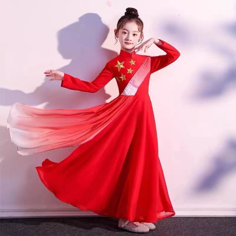 儿童红色爱国朗诵演出服小学生合唱歌唱祖国女童主持人表演礼服蜜