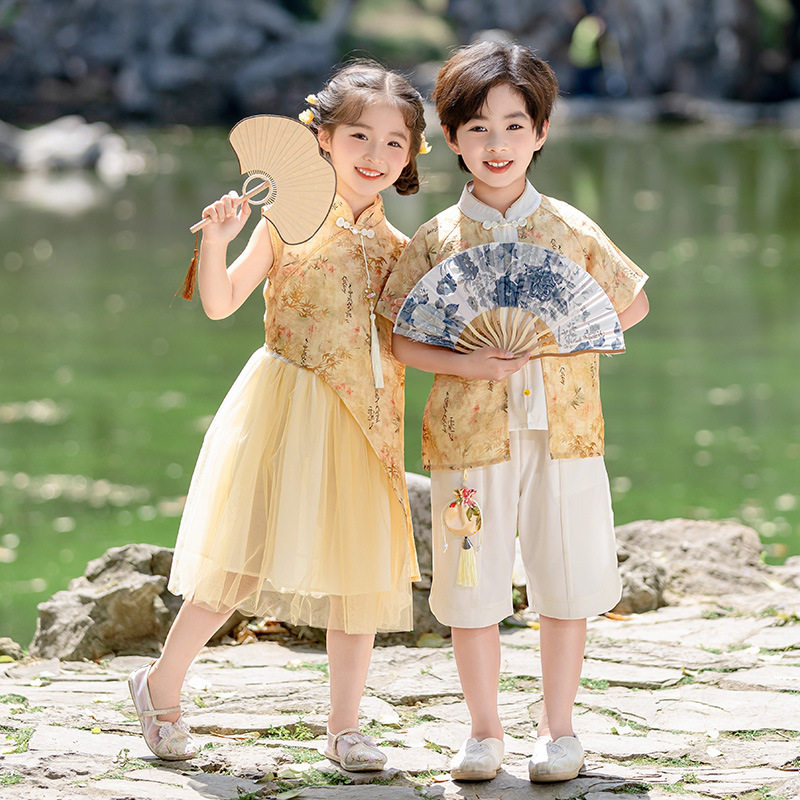 儿童汉服女童连衣裙民族风演出服男童少数民族服装幼儿园舞蹈表演