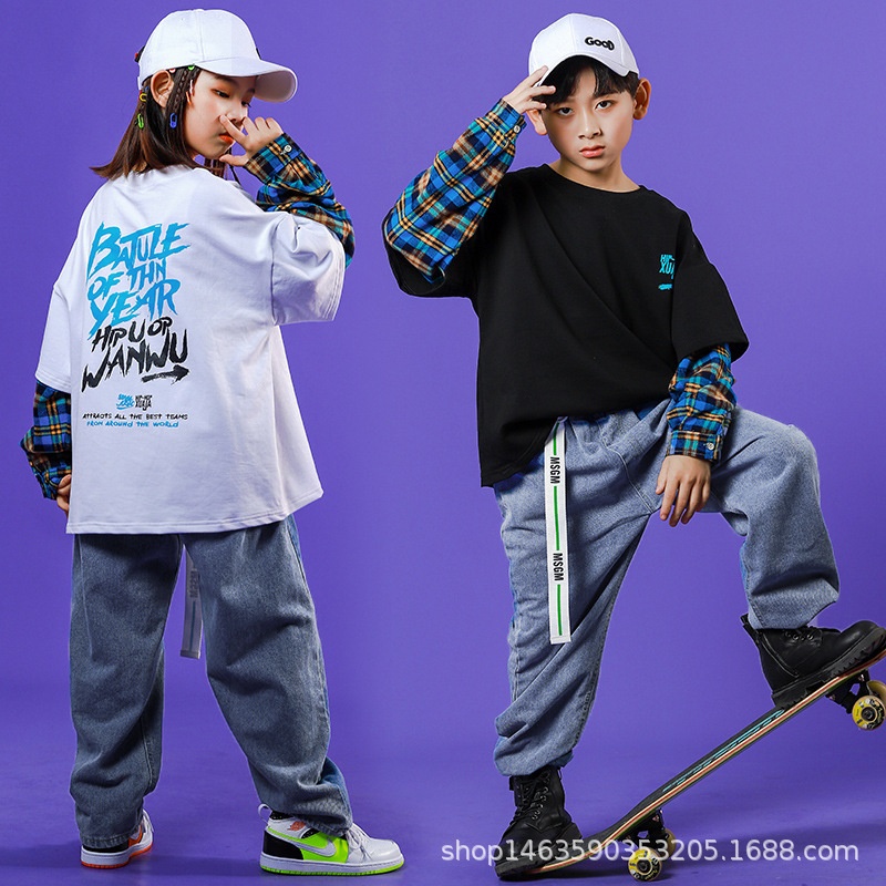 儿童街舞演出服女童爵士舞蹈服男童牛仔裤嘻哈表演服