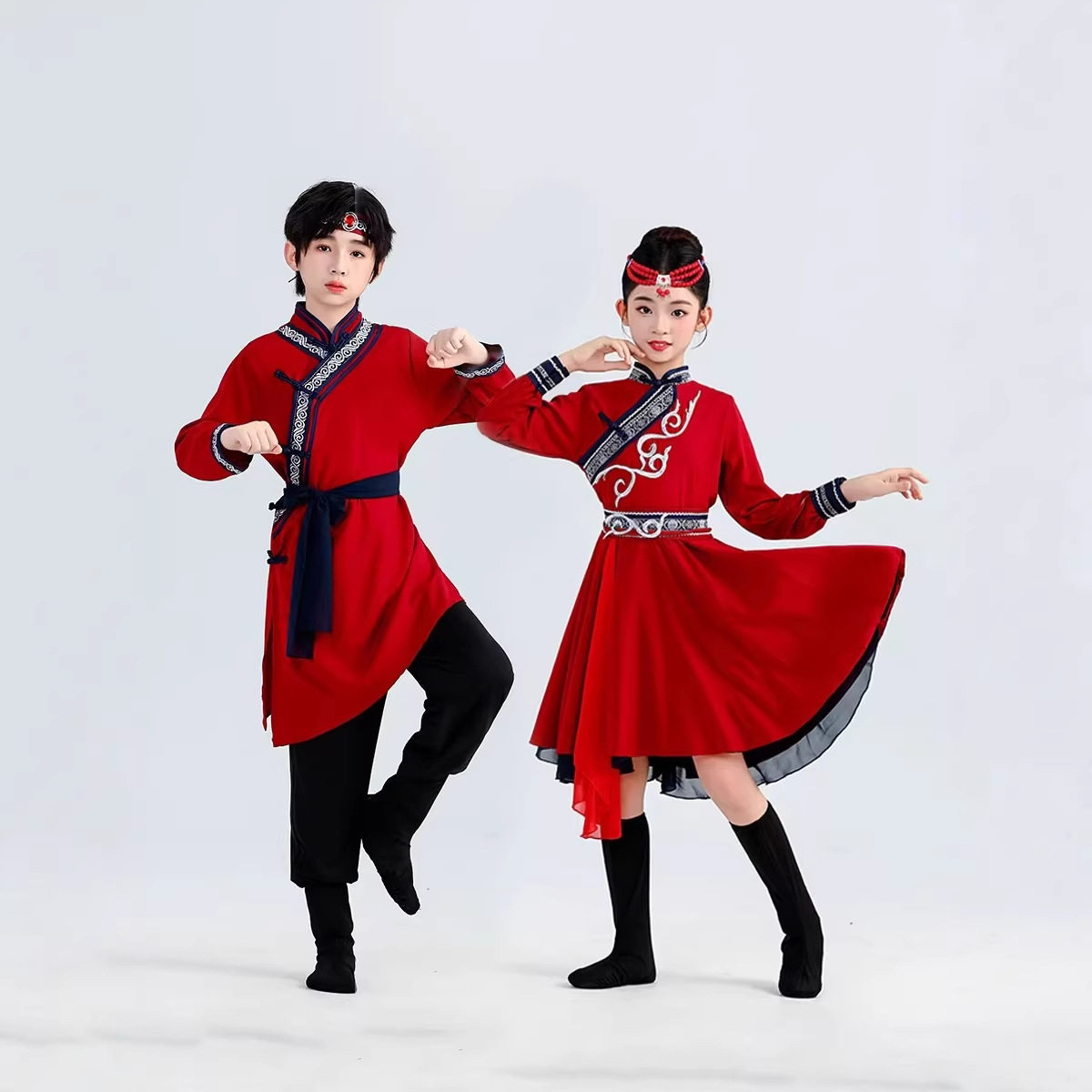蒙古舞蹈演出服儿童白马舞筷子舞表演服男女童蒙族少儿民族舞服装