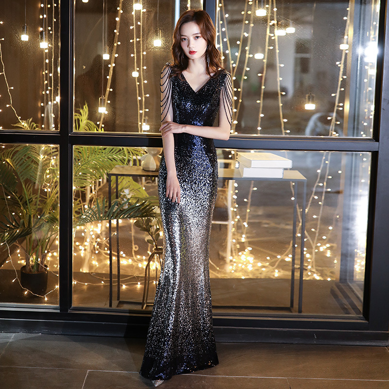 亮片晚礼服女2025新款性感气场女王鱼尾修身长款主持人连衣裙