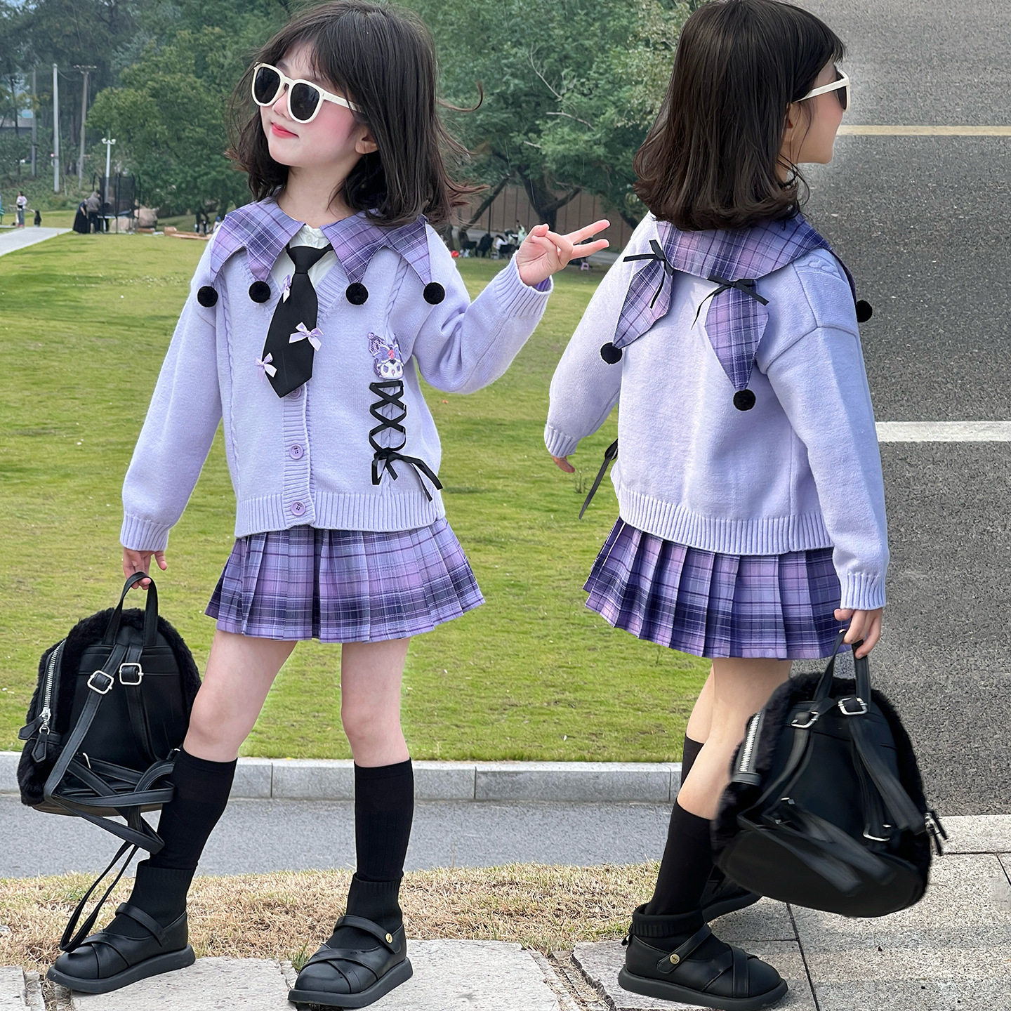 女童库洛米学院风演出服春秋儿童毛衣衬衫格子裙三件套表演cos服