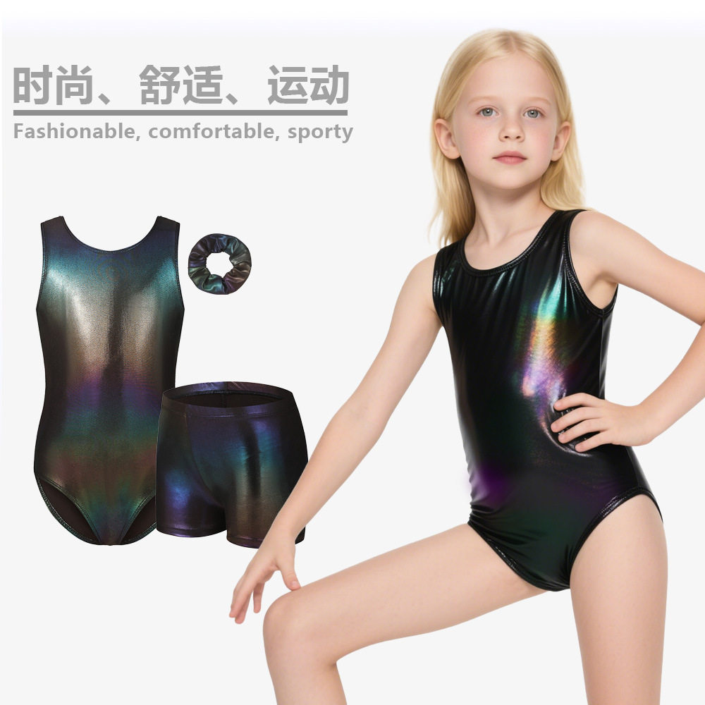 烫金舞蹈服女童芭蕾服儿童体操服表演服紧身衣连体衣短裤头三件套
