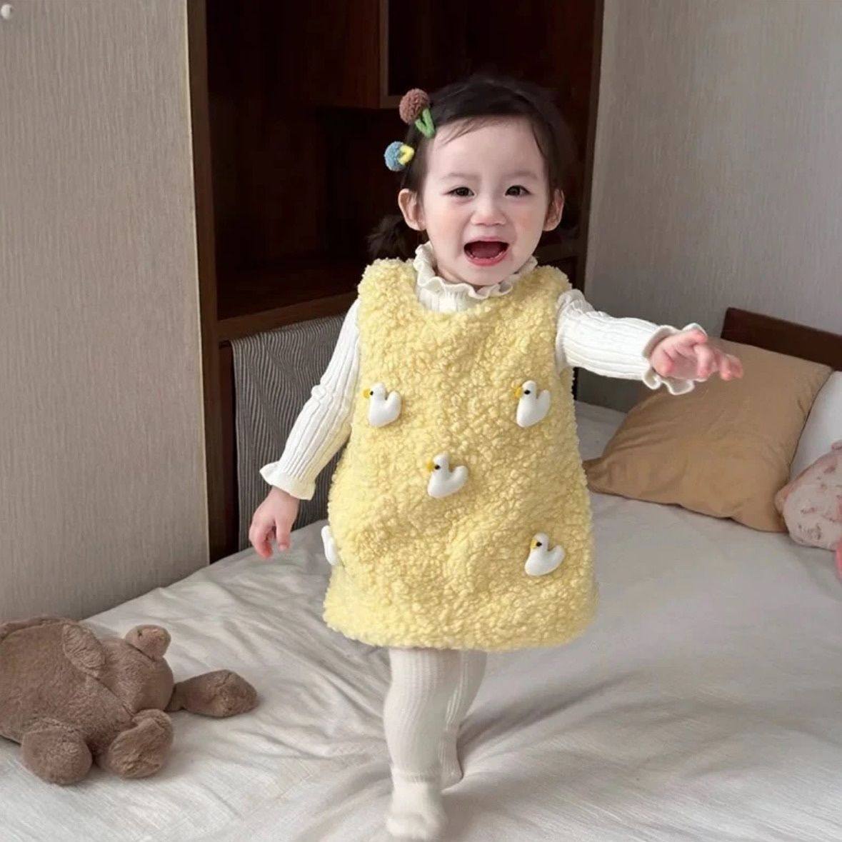 女童冬装超萌连衣裙套装冬季女宝宝可爱毛绒加厚保暖背心洋气加绒