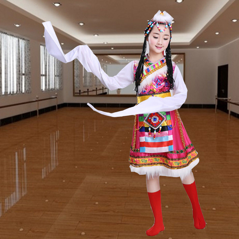 新款藏族舞蹈演出服装女少数民族服装儿童民族服饰西藏表演服水袖