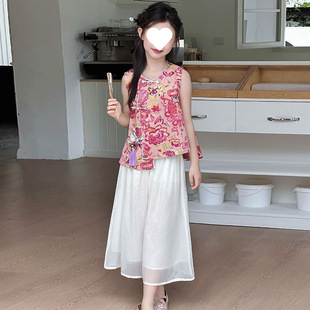 闊腿褲 女童漢服套裝 國風女孩盤扣無袖 兒童中式 夏季 2025新款