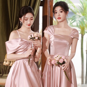 粉色伴娘服2025新款春季婚礼缎面平时可穿姐妹团晚礼服长款连衣裙