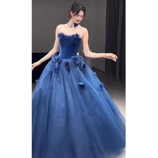 高级感艺考主持人钢琴成人礼法式 蓝色晚礼服女2025新款 年会
