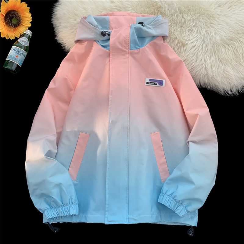 渐变色冲锋衣外套女春季新款胖mm大码宽松学生扎染休闲夹克上衣潮