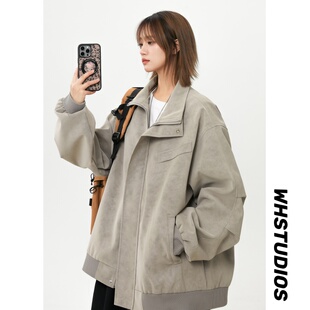 美式立领PU皮外套女春季新款胖mm大码宽松显瘦高级感工装夹克上衣