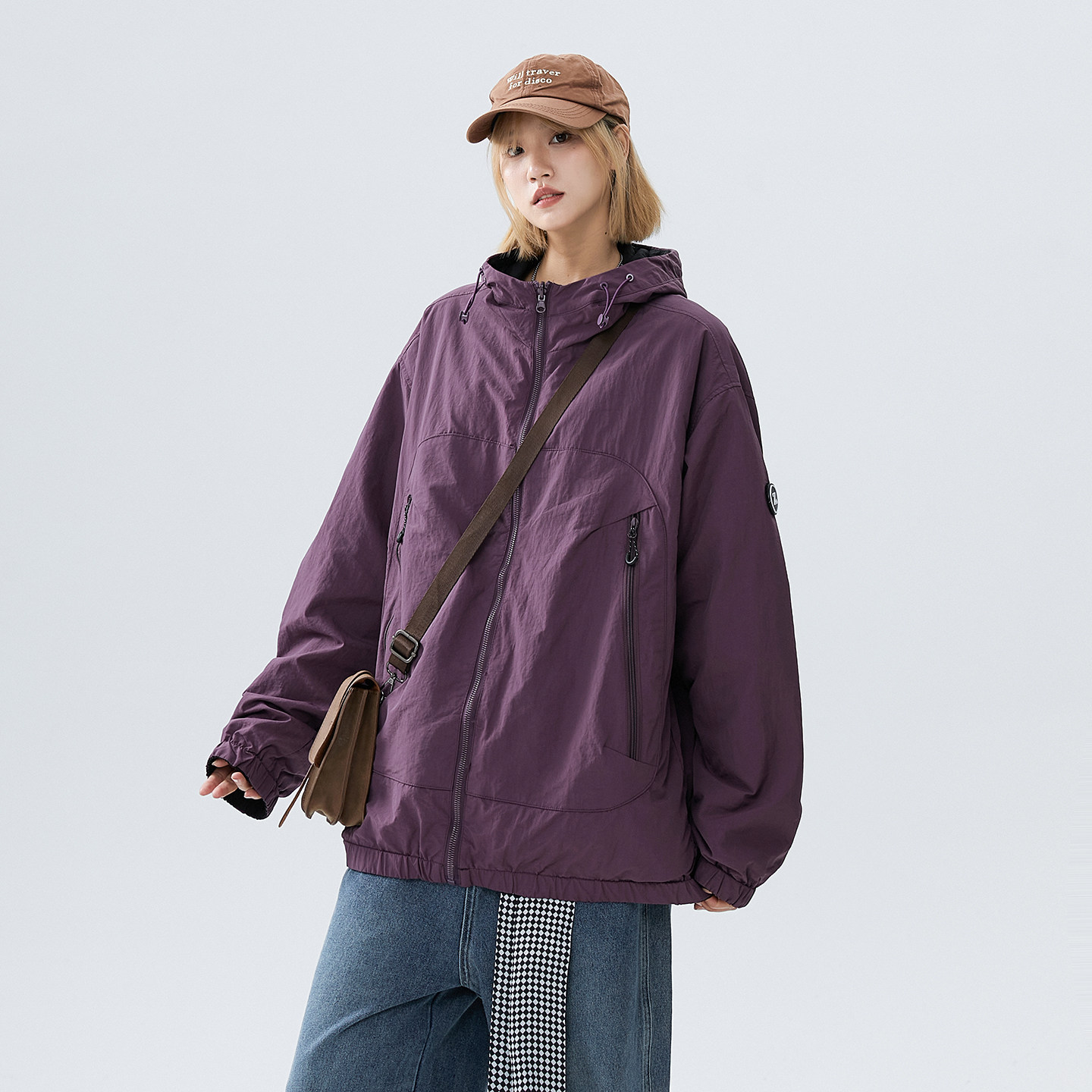 两面穿冲锋衣外套女春秋胖mm大码宽松学生户外连帽工装夹克潮