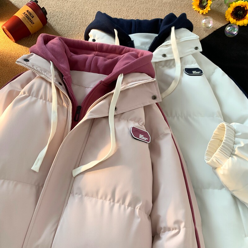 冬季加厚假两件棉服女胖mm大码宽松棉袄显瘦学生休闲保暖棉衣外套