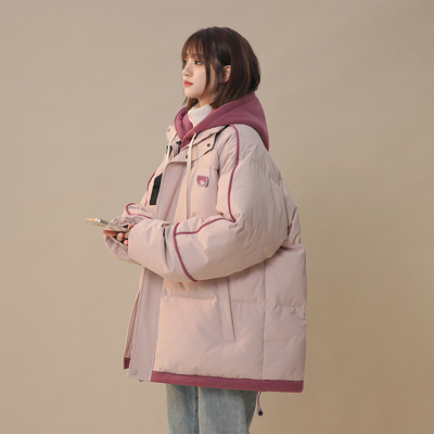 连帽假两件棉衣女冬季大码宽松
